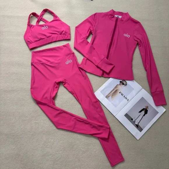 Alo Yoga Raspberry Powder Fitness Yoga Three Piece Set - Picture 6 of 6